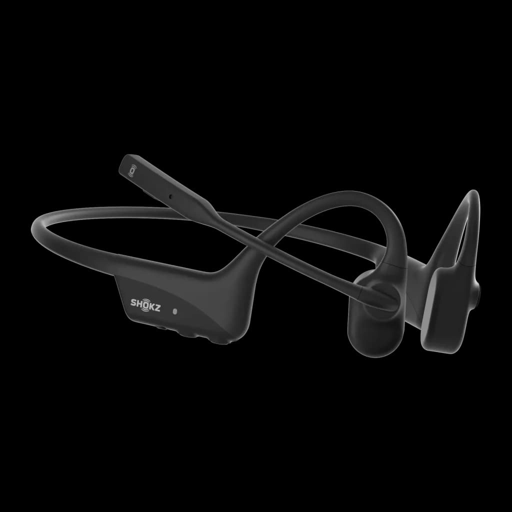 Casque SHOKZ OpenComm2 Industrial 2025 Open-Ear noir avec arceau tour de tête, transducteurs osseux latéraux et perche micro DSP flexible