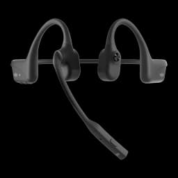 Casque open-ear noir avec arceau flexible, conduction osseuse et micro perche DSP orientable, design industriel robuste pour communications mains libres