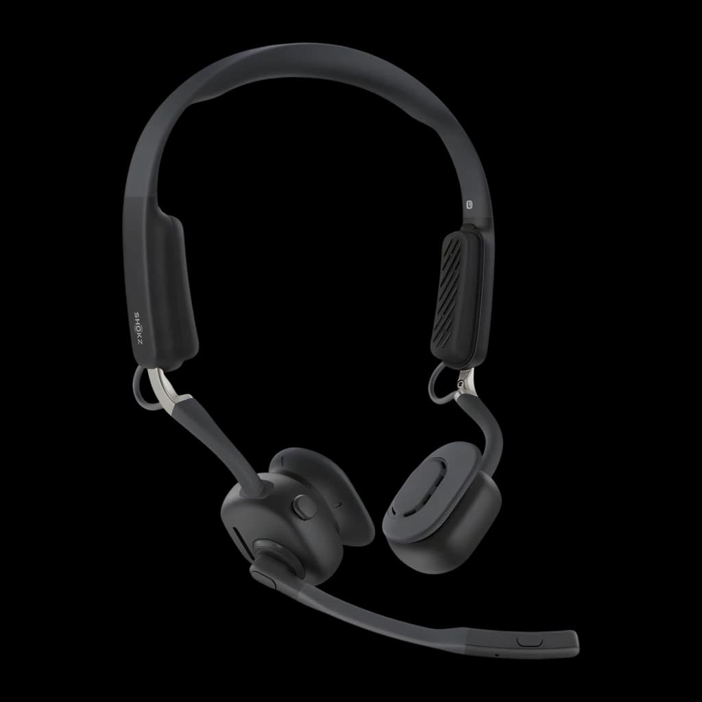 Casque Shokz OpenMeet USB-C Open-Ear noir mat, arceau flexible, coussinets ouverts, micro boom avec réduction de bruit, commandes sur écouteurs
