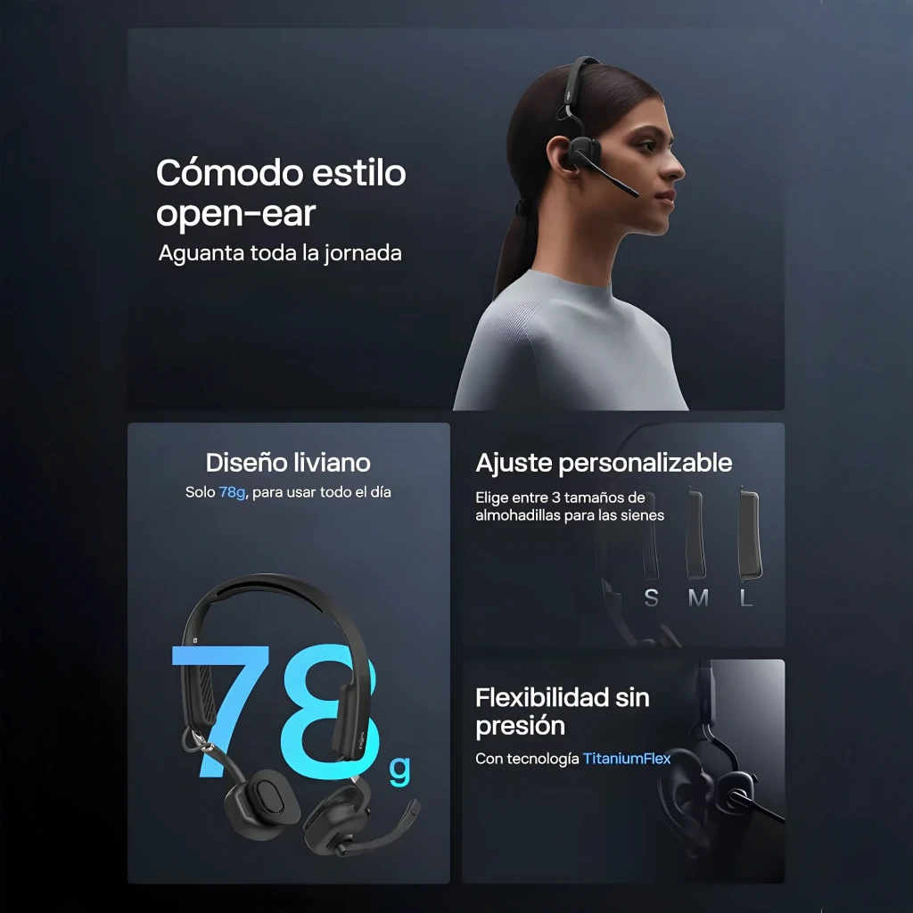 Auriculares Shokz OpenMeet USB-C open-ear em preto, design leve com microfone boom destacável, almofadas auriculares macias e controles laterais - Item2