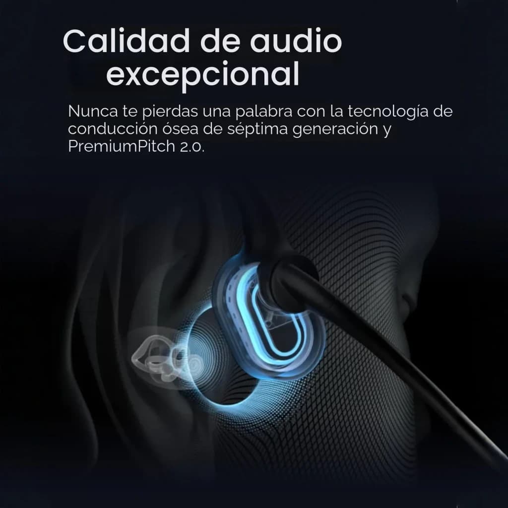 Casque Shokz OpenMeet USB-C open-ear, arceau noir, conduction osseuse visible bleue autour de l’oreille, micro antibruit, design léger et ergonomique