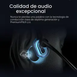 Casque Shokz OpenMeet USB-C open-ear, arceau noir, conduction osseuse visible bleue autour de l’oreille, micro antibruit, design léger et ergonomique
