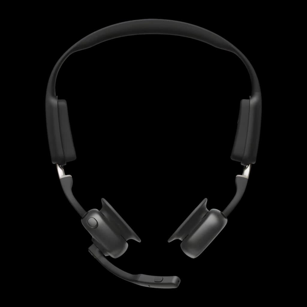 Casque Shokz OpenMeet USB-C open-ear noir, arceau fin, oreillettes rectangulaires avec pads, micro perche amovible, design léger pour appel clair et mains