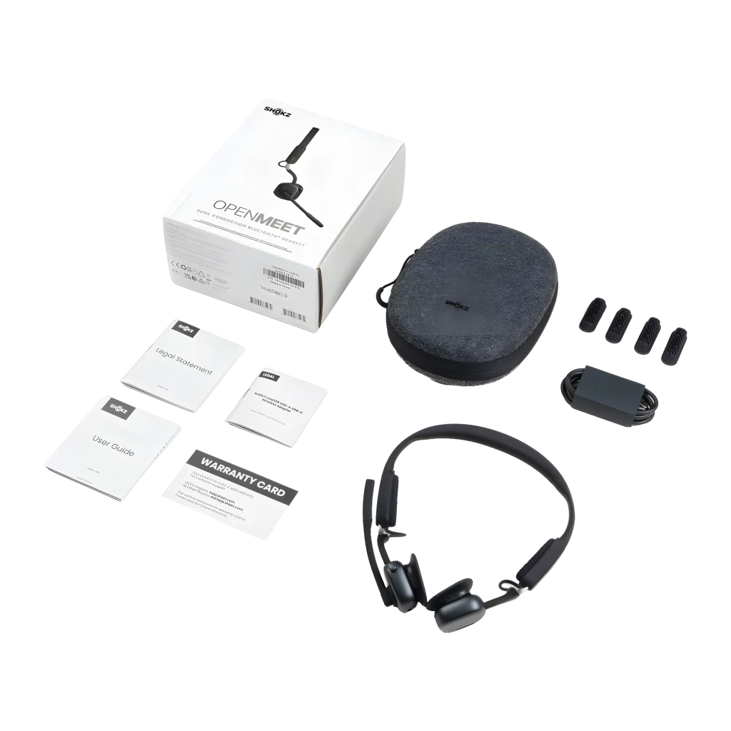 Auriculares Shokz OpenMeet USB-C open-ear em preto, design leve com microfone boom destacável, almofadas auriculares macias e controles laterais - Item8
