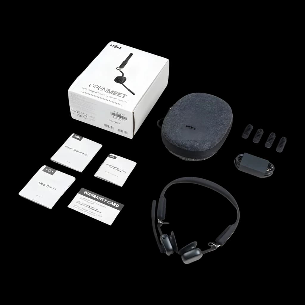 Casque Shokz OpenMeet USB-C open-ear noir avec micro à réduction de bruit, arceau tour de tête, étui rigide, adaptateur, embouts, câbles et guides inclus