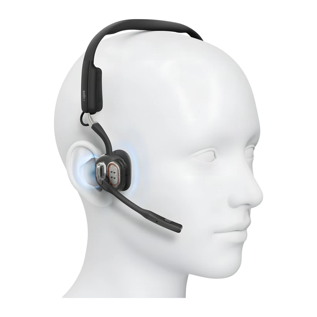 Auriculares Shokz OpenMeet USB-C open-ear em preto, design leve com microfone boom destacável, almofadas auriculares macias e controles laterais - Item6