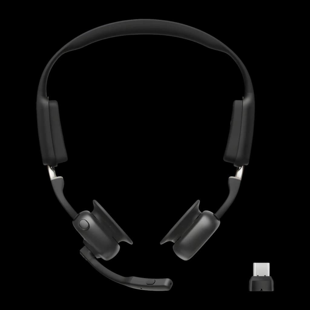 Casque Shokz OpenMeet UC USB-C, design open-ear noir, arceau fin, micro boom détachable, embouts osseux compacts, dongle USB-C assorti, style pro