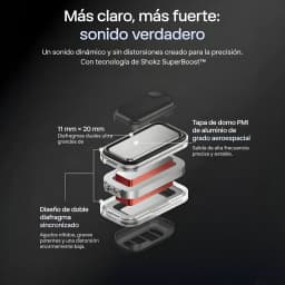 Module audio Shokz SuperBoost avec double diaphragme 11×20 mm, coque alu grade aérospatial, couches internes visibles; sortie haute fréquence précise