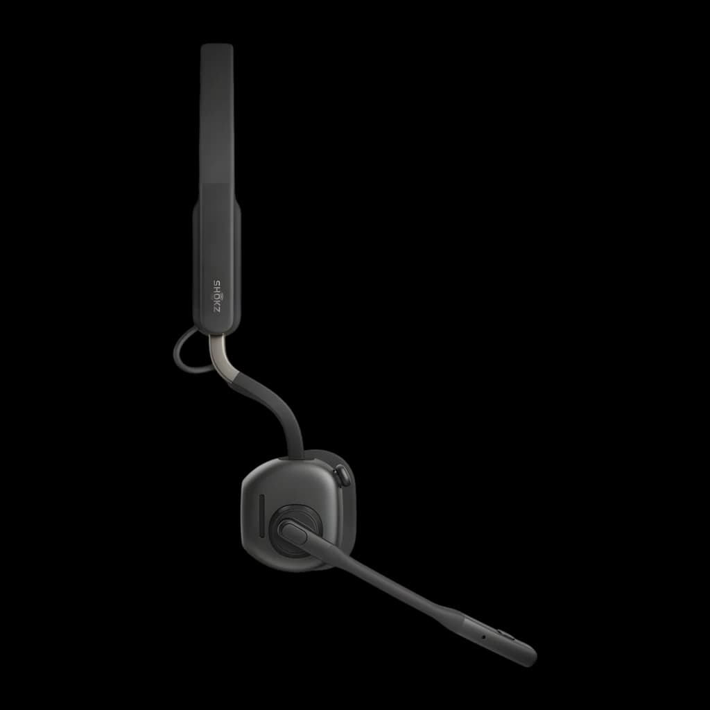Micro-casque Shokz OpenMeet UC noir, arceau fin et micro perche flexible, design open-ear léger, port USB-C, boutons latéraux discrets