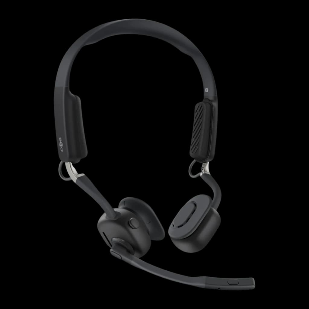 Casque Shokz OpenMeet UC USB-A open-ear noir avec micro boom ajustable, oreillettes on-ear, boutons latéraux, arceau rembourré, design léger pour appels