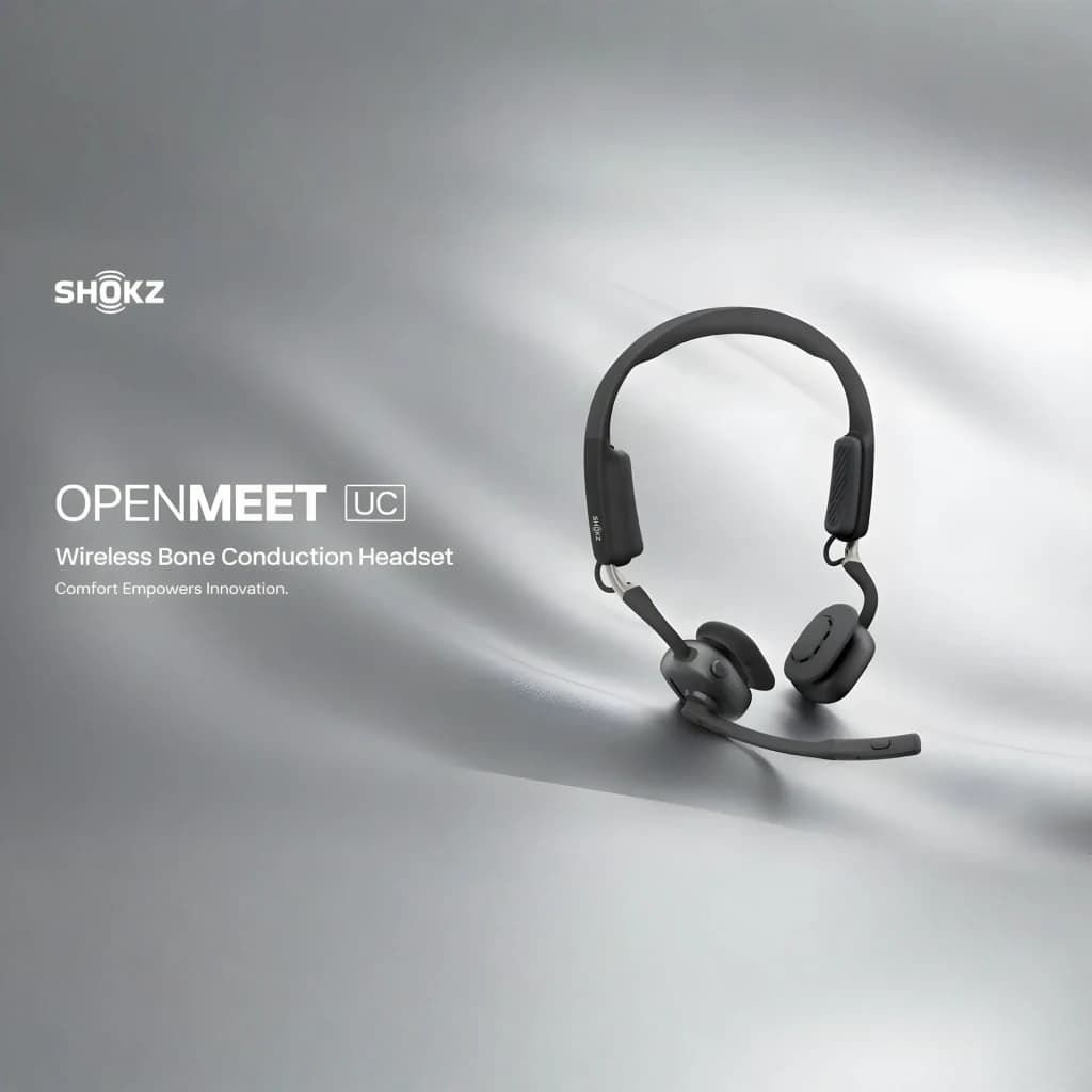 Casque Shokz OpenMeet UC oreille ouverte noir, arceau souple, micro anti-bruit avec perche, boîtier USB-A, design léger pour appels clairs et confort