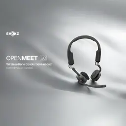 Casque Shokz OpenMeet UC oreille ouverte noir, arceau souple, micro anti-bruit avec perche, boîtier USB-A, design léger pour appels clairs et confort