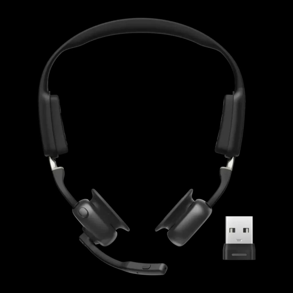 Casque open-ear noir avec micro perche amovible, arceau rembourré, coussinets latéraux compacts et dongle USB-A séparé pour connexion sans fil