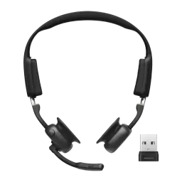 Casque open-ear noir avec micro perche amovible, arceau rembourré, coussinets latéraux compacts et dongle USB-A séparé pour connexion sans fil
