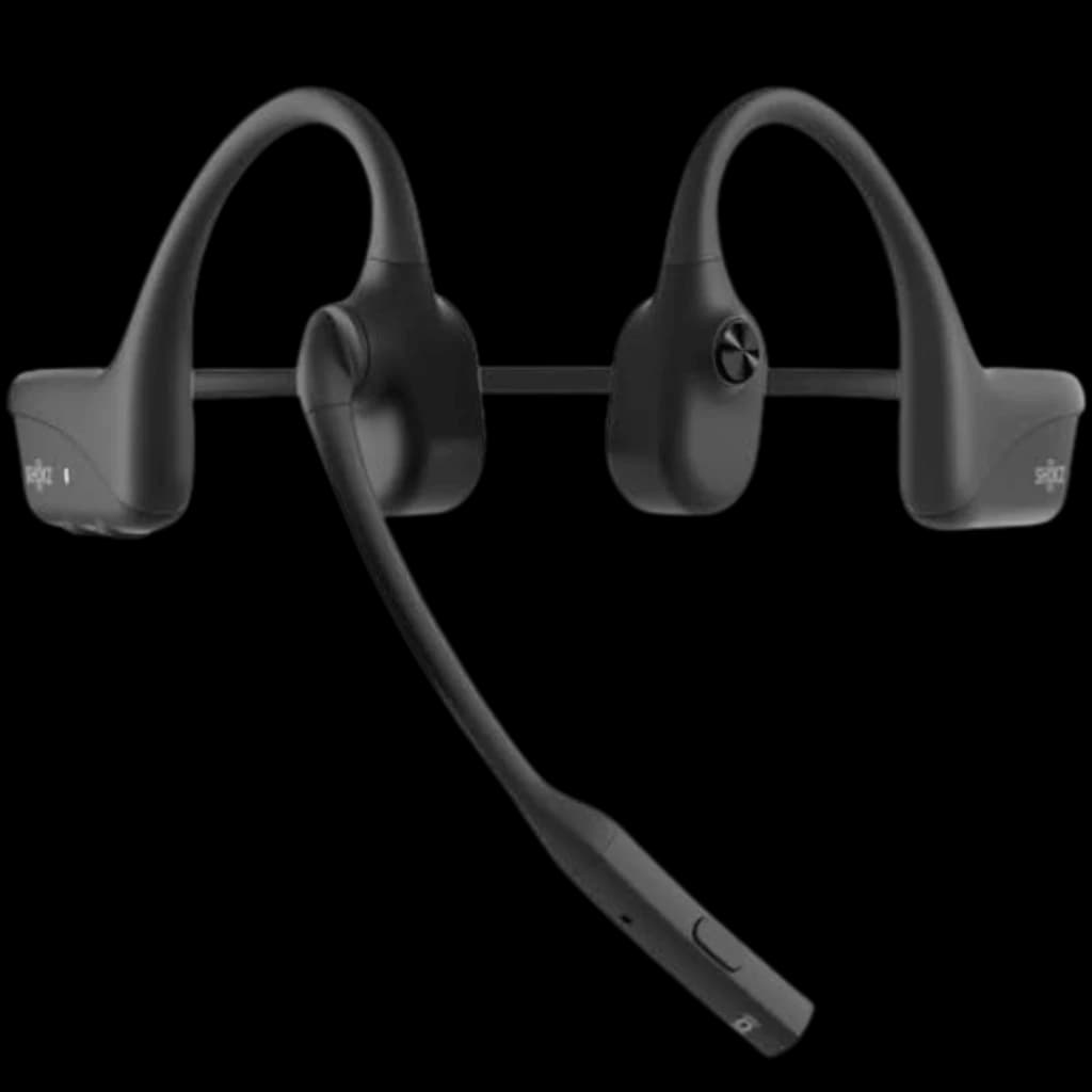Shokz Opencomm 2 2025 auriculares de conducción ósea negros con diadema trasera flexible y micrófono boom con cancelación DSP, diseño liviano y ergonómico