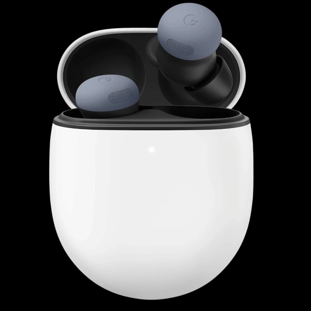 Google Pixel Buds Pro 2 Pierre de lune avec boîtier blanc arrondi, LED frontale et écouteurs gris bleuté aux embouts souples et grilles acoustiques visibles