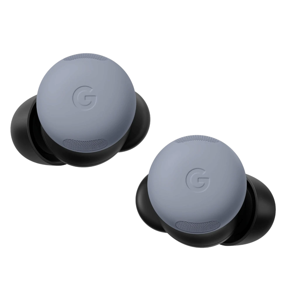 Google Pixel Buds Pro 2 Pierre de lune avec boîtier blanc arrondi, LED frontale et écouteurs gris bleuté aux embouts souples et grilles acoustiques visibles - Ítem3
