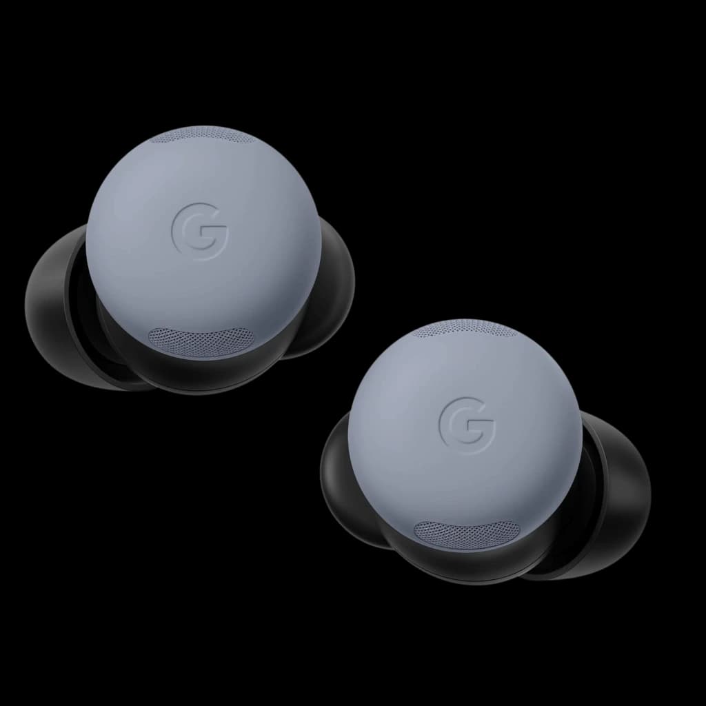 Google Pixel Buds Pro 2 Pierre de lune, écouteurs true wireless gris pierre avec embouts noirs, coques rondes au logo G et grilles acoustiques discrètes