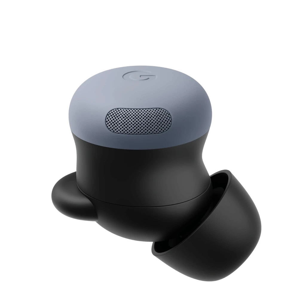 Google Pixel Buds Pro 2 Pierre de lune avec boîtier blanc arrondi, LED frontale et écouteurs gris bleuté aux embouts souples et grilles acoustiques visibles - Ítem4