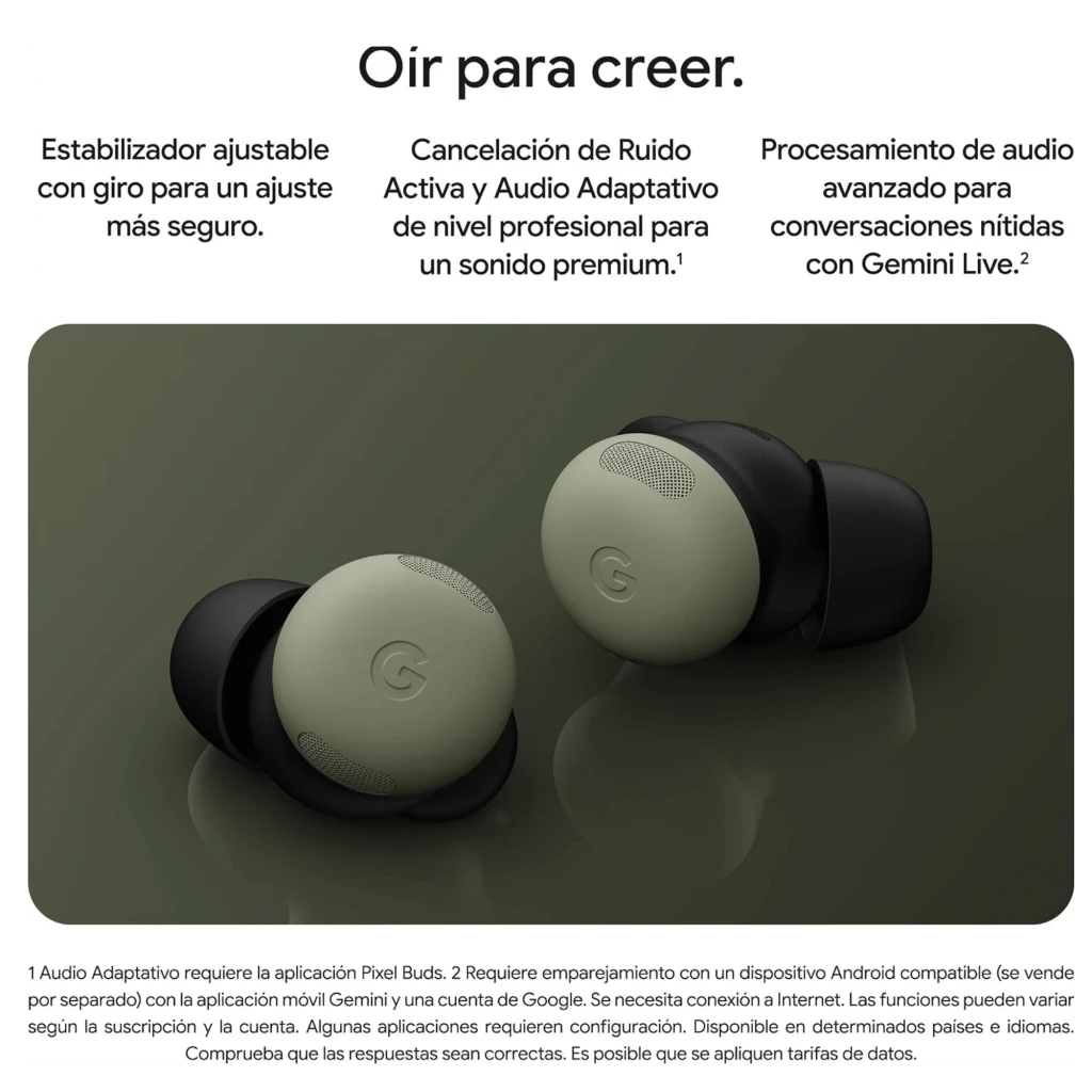 Google Pixel Buds Pro 2 Pierre de lune avec boîtier blanc arrondi, LED frontale et écouteurs gris bleuté aux embouts souples et grilles acoustiques visibles - Ítem6