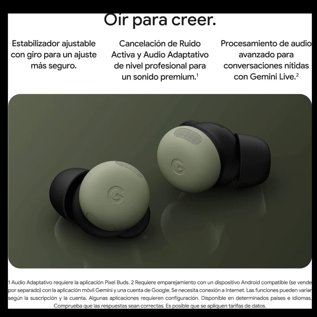Google Pixel Buds Pro 2 Pierre de lune, intra-auriculaires bicolores vert sauge et noir, embouts en silicone, logo G, grille métallique, design compact et