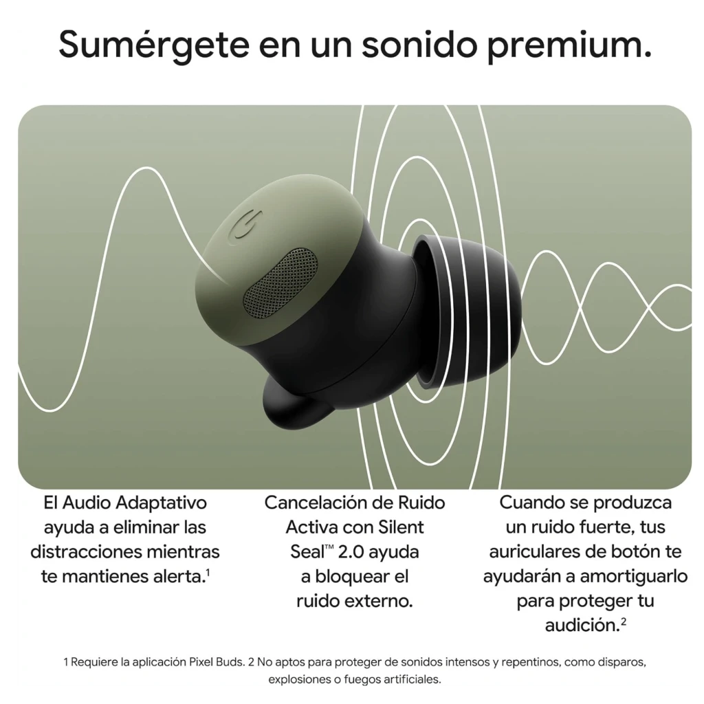 Google Pixel Buds Pro 2 Pierre de lune avec boîtier blanc arrondi, LED frontale et écouteurs gris bleuté aux embouts souples et grilles acoustiques visibles - Ítem7