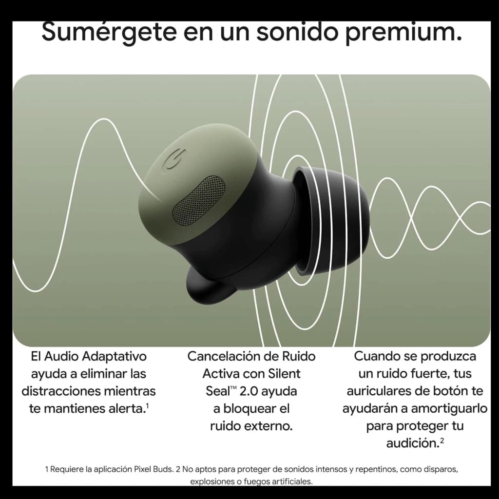 Google Pixel Buds Pro 2 Pierre de lune, auriculaire intra-auriculaire vert olive avec embout noir, grille métallique et G gravé, compact et ergonomique