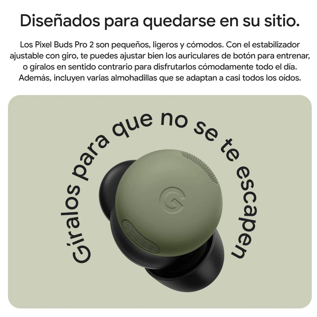 Google Pixel Buds Pro 2 Pierre de lune avec boîtier blanc arrondi, LED frontale et écouteurs gris bleuté aux embouts souples et grilles acoustiques visibles - Ítem8