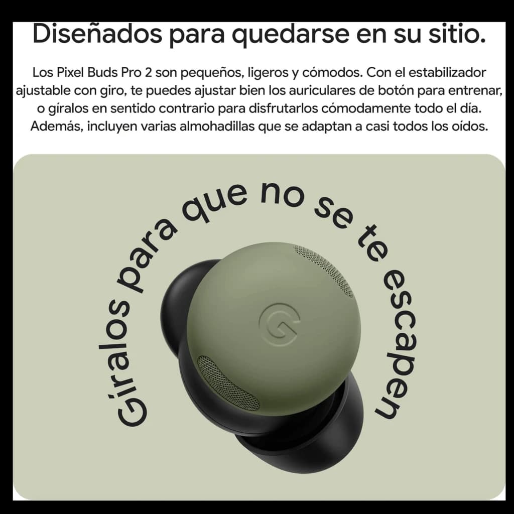 Google Pixel Buds Pro 2 Pierre de lune en vert sauge, boîtier et embouts ergonomiques, surface mate avec logo G, grilles noires et stabilisateur discret