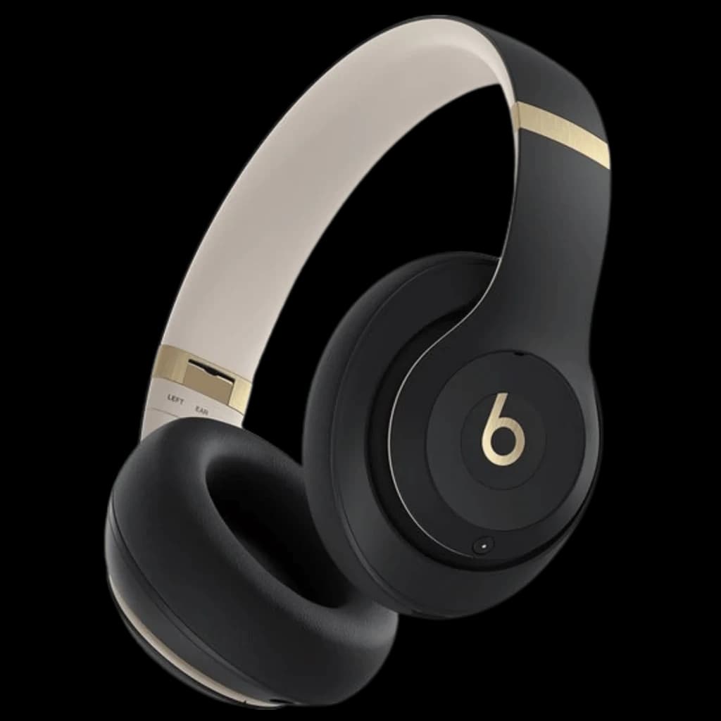 Beats Studio Pro ANC Noir et Doré avec arceau mat, coussinets épais et accents métalliques dorés, design circum-aural élégant Bluetooth sans fil