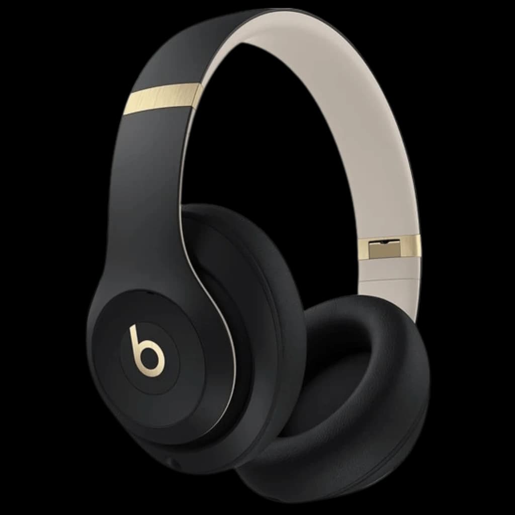 Beats Studio Pro ANC Noir Doré Casques Bluetooth avec arceau beige, finitions dorées, coques noires mates et coussinets épais pour confort premium