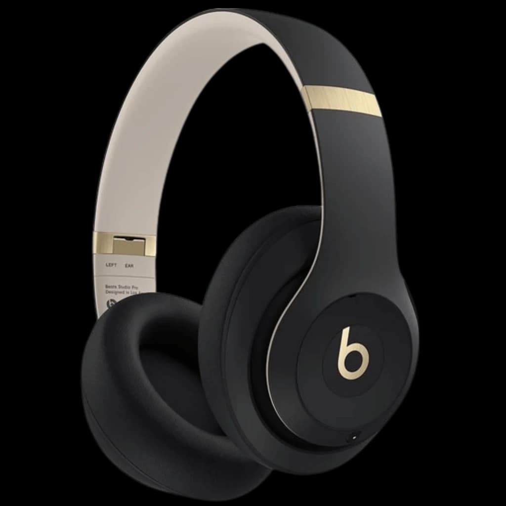 Beats Studio Pro ANC Noir/Doré - Casques Bluetooth au design élégant, arceau beige, coques noires avec accents dorés et logo b distinctif, coussinets