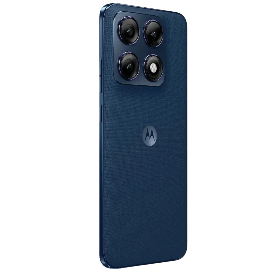 Motorola Edge 70 Pro 5G 256 GB Titan com traseira azul texturizada, módulo quádruplo de câmeras salientes e tela frontal com furo central e bordas finas - Item3