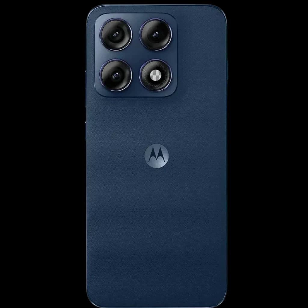 Motorola Edge 70 Pro 5G Titan azul con tapa trasera mate y triple cámara trasera en módulo cuadrado; logo M centrado, diseño elegante y premium