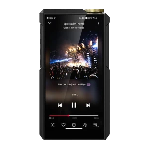 Lecteur FiiO M27 Noir au châssis argent biseauté, grand écran tactile affichant interface audio, boutons latéraux gravés et molette dorée supérieure