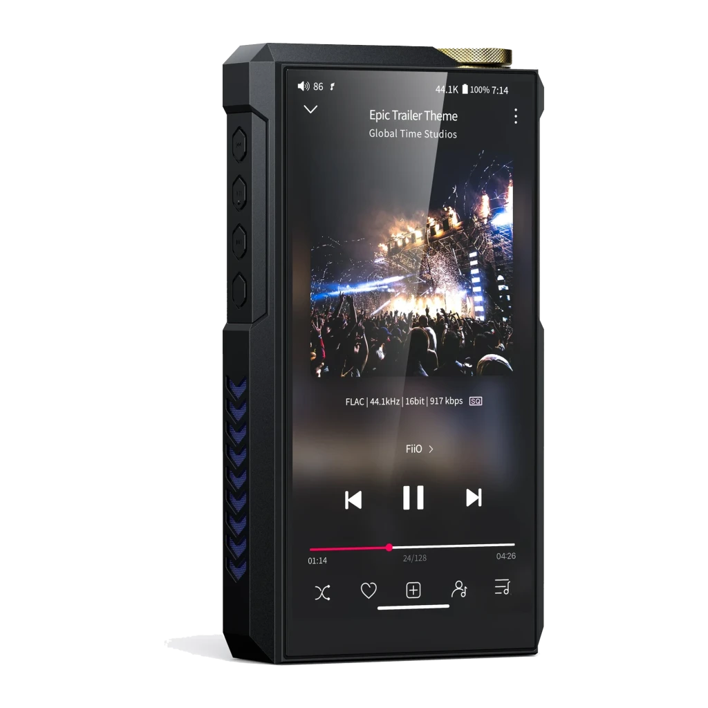 Lecteur FiiO M27 Noir au châssis argent biseauté, grand écran tactile affichant interface audio, boutons latéraux gravés et molette dorée supérieure - Ítem1