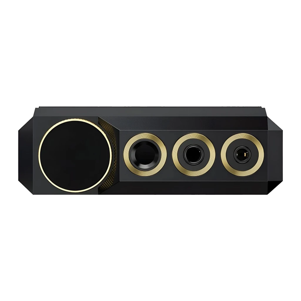 Lecteur FiiO M27 Noir au châssis argent biseauté, grand écran tactile affichant interface audio, boutons latéraux gravés et molette dorée supérieure - Ítem3