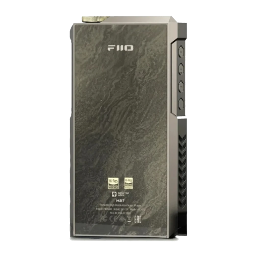 Reproductor FiiO M27 Titanio con chasis metálico, gran pantalla táctil, botones laterales, perilla dorada superior y biseles angulares premium - Ítem1