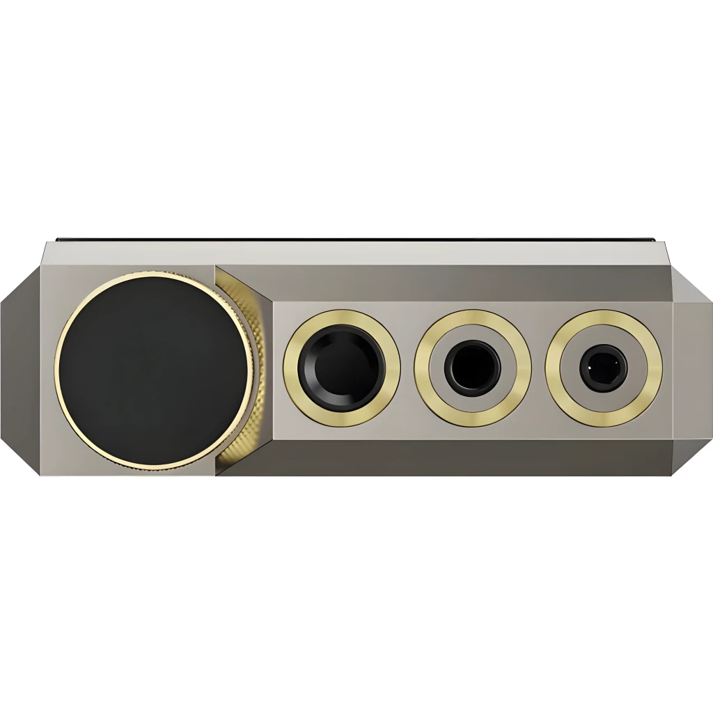 Reproductor FiiO M27 Titanio con chasis metálico, gran pantalla táctil, botones laterales, perilla dorada superior y biseles angulares premium - Ítem3