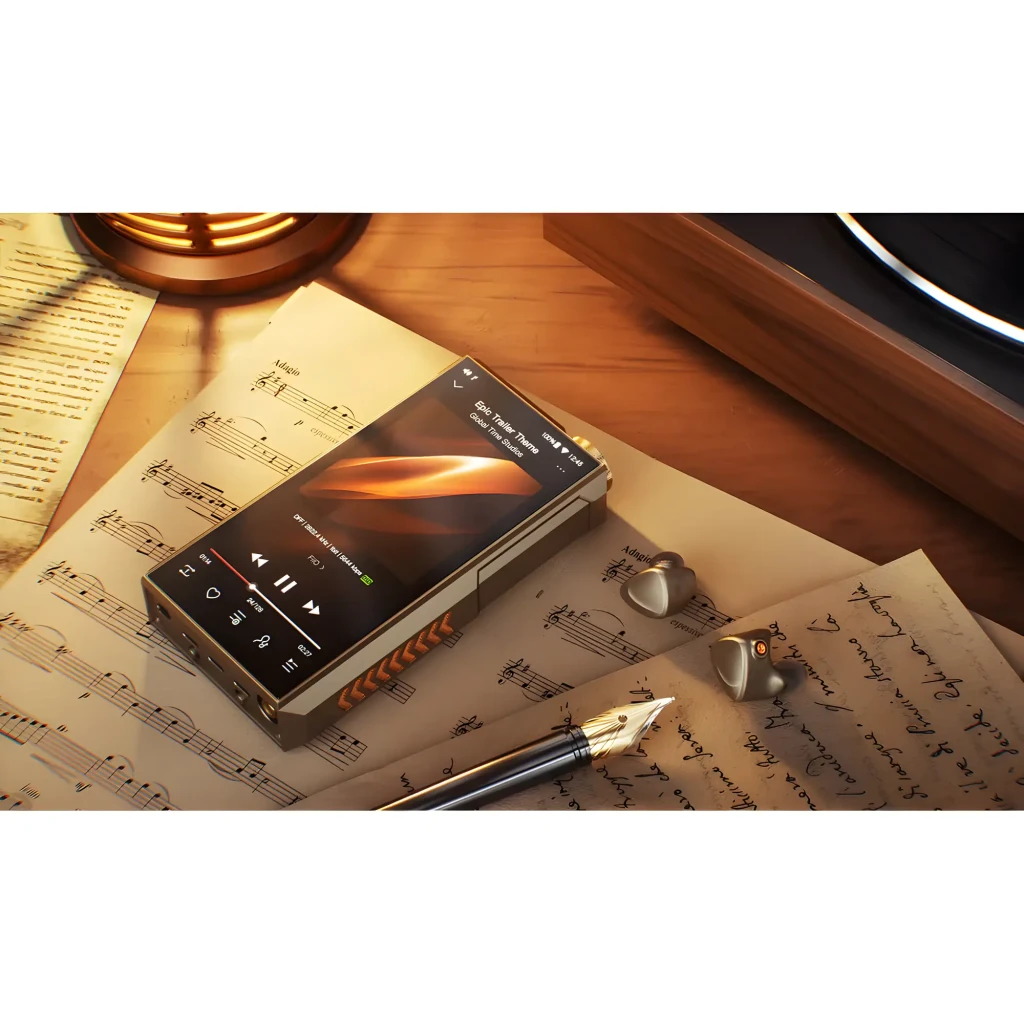 Reproductor FiiO M27 Titanio con chasis metálico, gran pantalla táctil, botones laterales, perilla dorada superior y biseles angulares premium - Ítem4