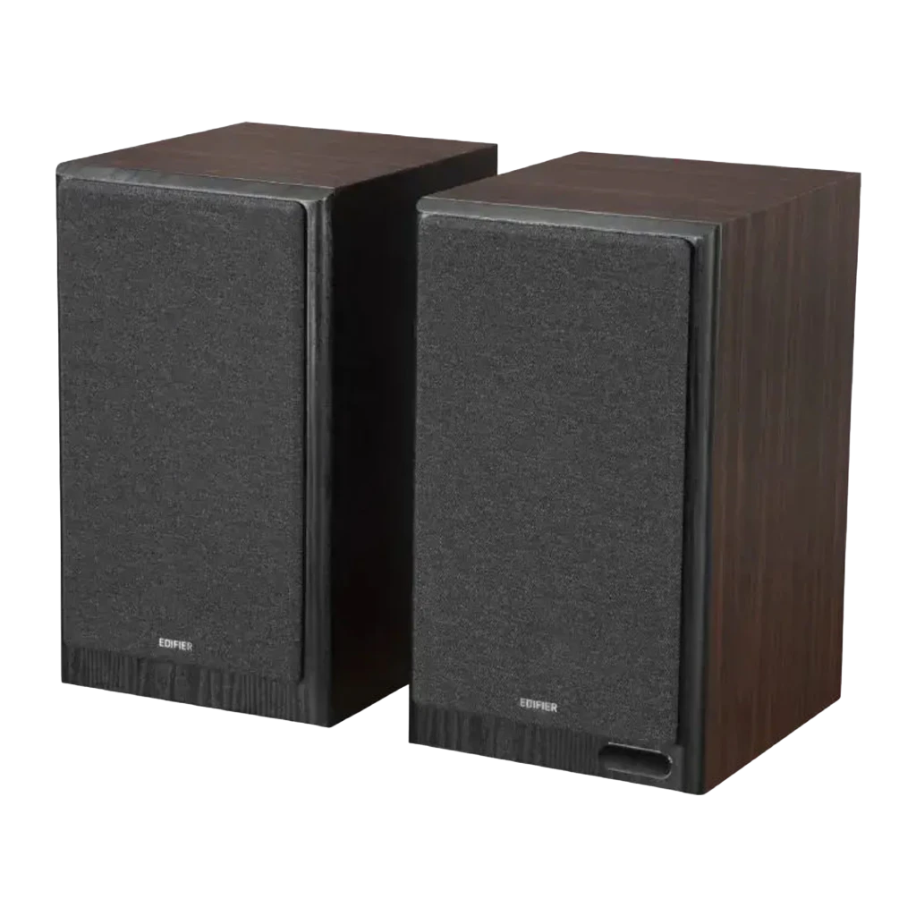 Par de altavoces de estantería negros con acabado en madera, rejilla textil removible y triple vía visible con woofer grande, midrange y tweeter frontal - Ítem3