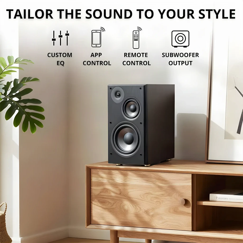 Par de altavoces de estantería negros con acabado en madera, rejilla textil removible y triple vía visible con woofer grande, midrange y tweeter frontal - Ítem5