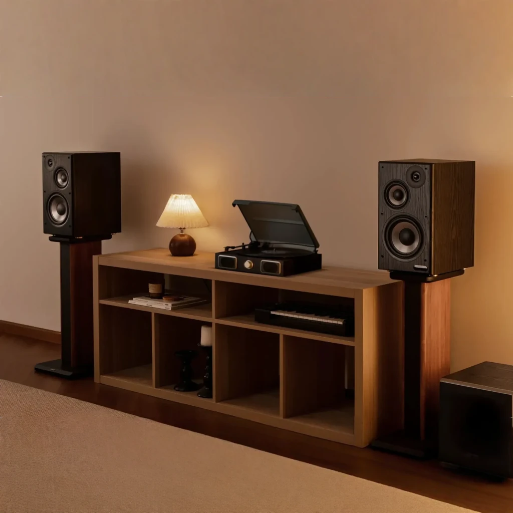 Par de altavoces de estantería negros con acabado en madera, rejilla textil removible y triple vía visible con woofer grande, midrange y tweeter frontal - Ítem7