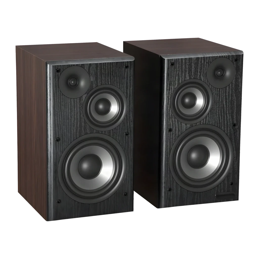 Par de altavoces de estantería negros con acabado en madera, rejilla textil removible y triple vía visible con woofer grande, midrange y tweeter frontal - Ítem1