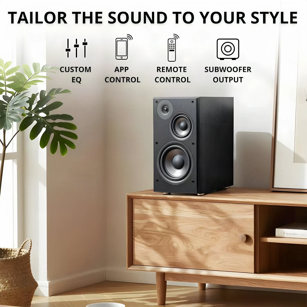Par de altavoces de estantería negros con acabado en madera, rejilla textil removible y triple vía visible con woofer grande, midrange y tweeter frontal - Ítem8
