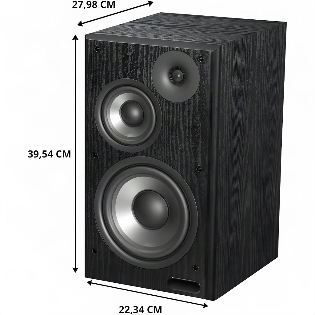 Par de altavoces de estantería negros con acabado en madera, rejilla textil removible y triple vía visible con woofer grande, midrange y tweeter frontal - Ítem6