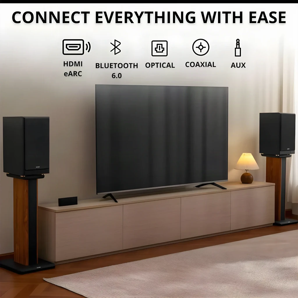 Par de altavoces de estantería negros con acabado en madera, rejilla textil removible y triple vía visible con woofer grande, midrange y tweeter frontal - Ítem7