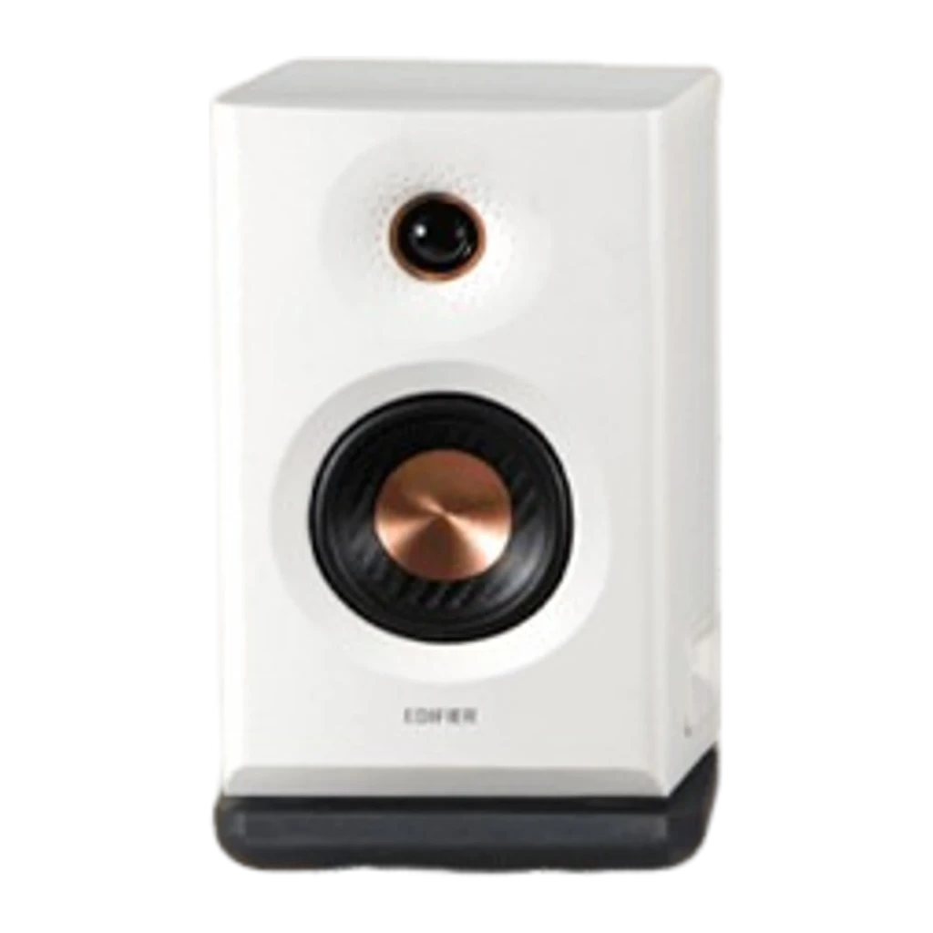 Par de monitores de estudio blancos con woofer y tweeter cobre, puerto frontal bass reflex, control frontal y LED, diseño compacto y minimalista - Ítem2