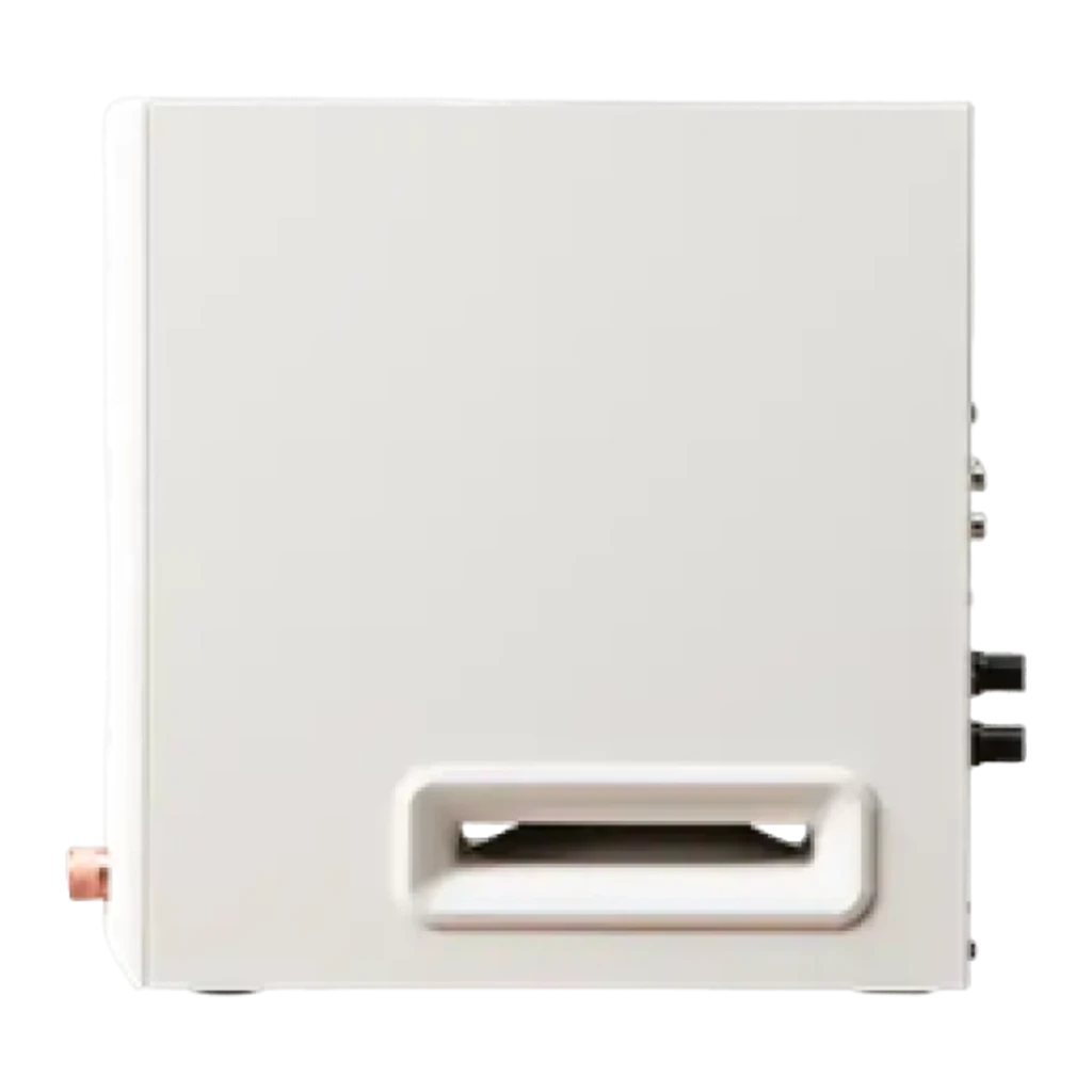 Par de monitores de estudio blancos con woofer y tweeter cobre, puerto frontal bass reflex, control frontal y LED, diseño compacto y minimalista - Ítem3