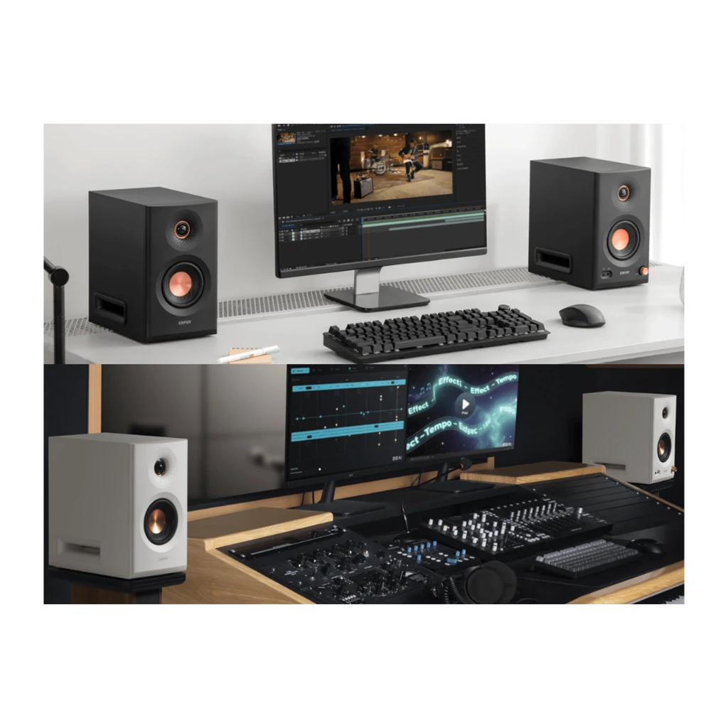Par de monitores de estudio blancos con woofer y tweeter cobre, puerto frontal bass reflex, control frontal y LED, diseño compacto y minimalista - Ítem4